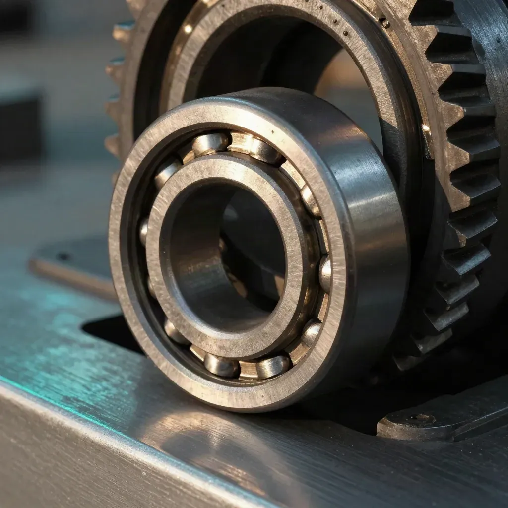 Machinale stalen lagers, tandwielsegment en pakkingring op donkere steen met turquoise glans.