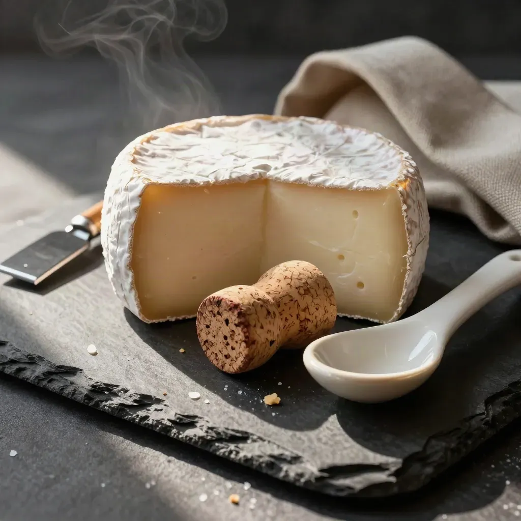 Macro van luxe gourmethamper met kaas, kurken en stenen proeflepels op donkere leisteen.