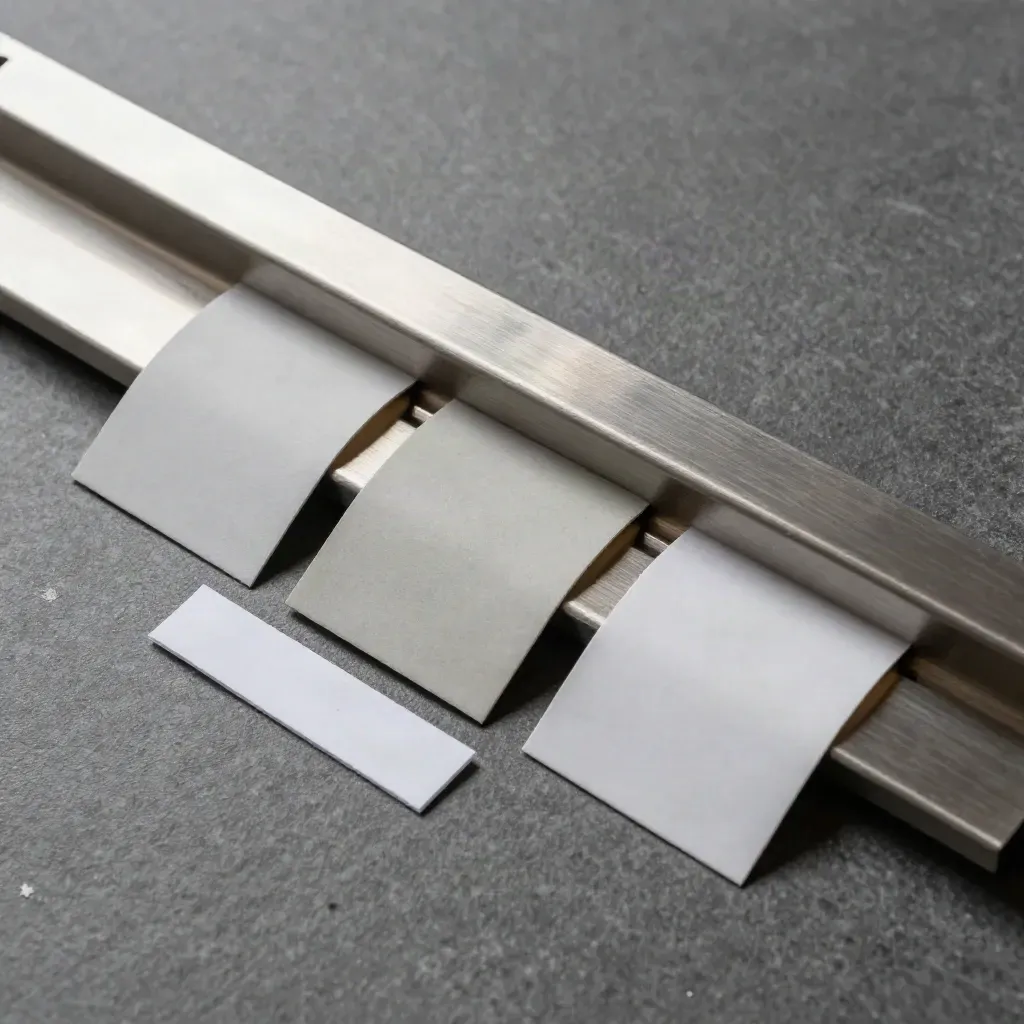 Bovenaanzicht van een aluminium lotlijst-rail met lege sleeves op een grijze steenplaat.