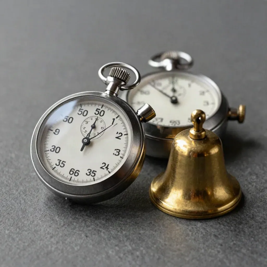 Twee stalen stopwatches en een koperen bel op donkergrijze steen.