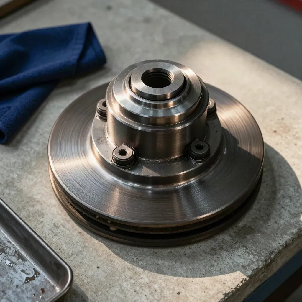 Bovenaanzicht van een remschijf met afdichtingen en hubcap op een betonnen inspectieslab.