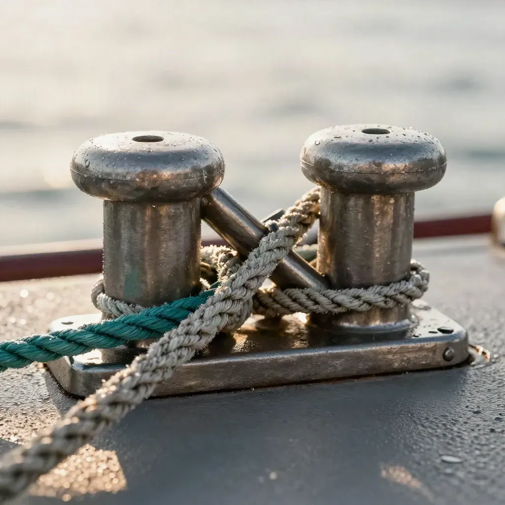 Marine hardware in macro: RVS schakels, braided stopper en cleat met zoutspray en turquoise detail.