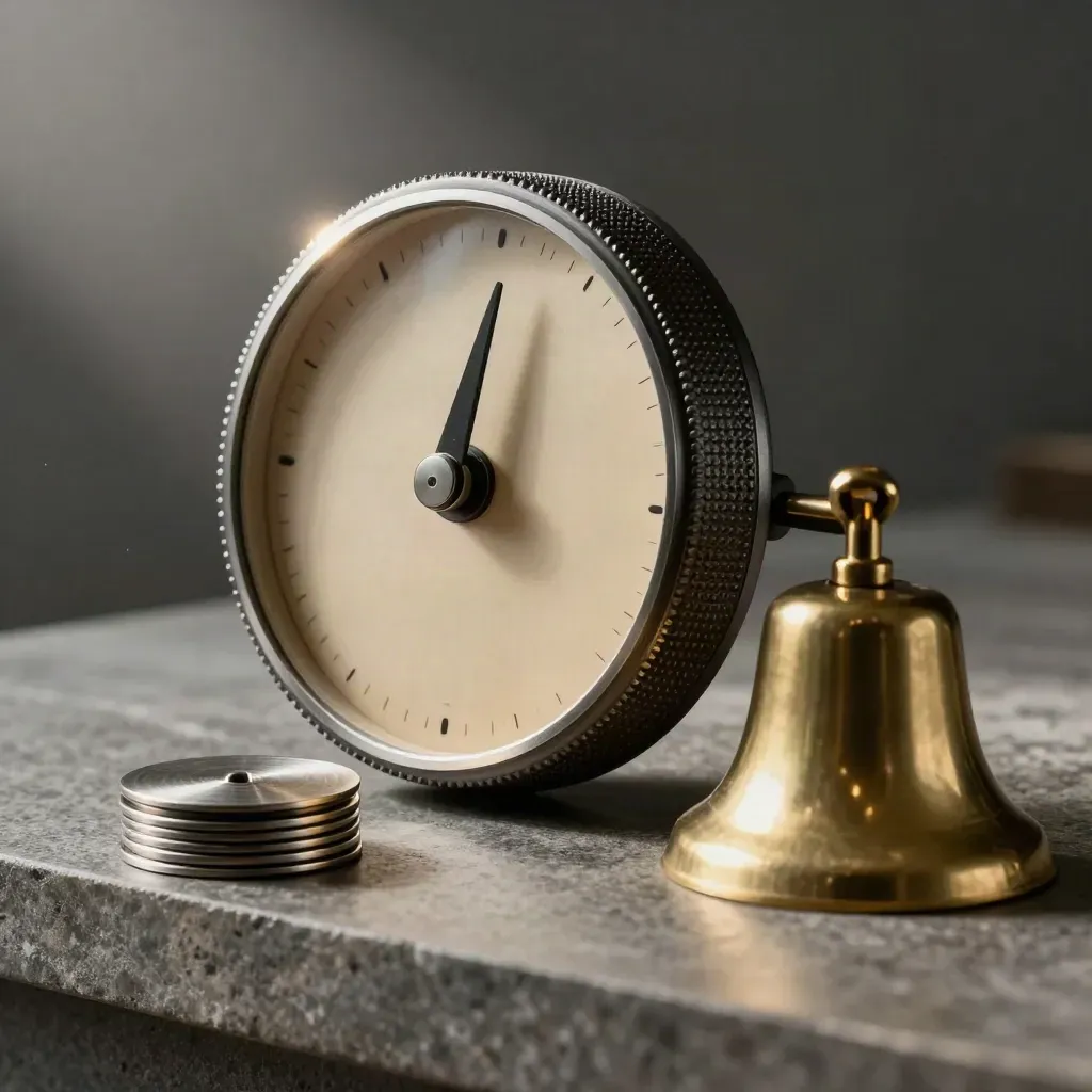Mechanische biedteller, bel en metalen claimschijven op een stenen ondergrond.