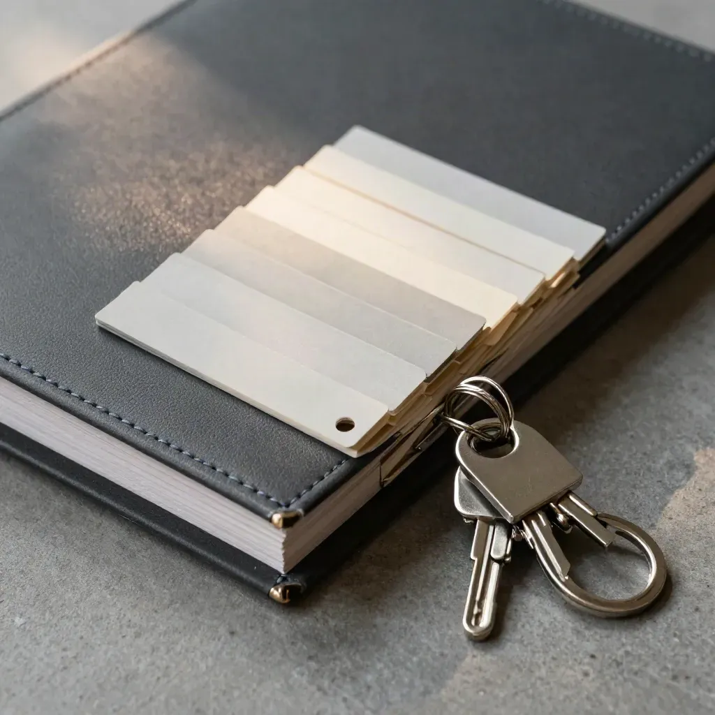 Ringband, tabbladen en sleutellabels in grijs voor strak accountbeheer.