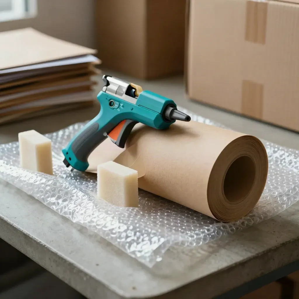 Pakbenodigdheden met tape gun, hoekbeschermers en kraftpapier tussen bubbelfolie