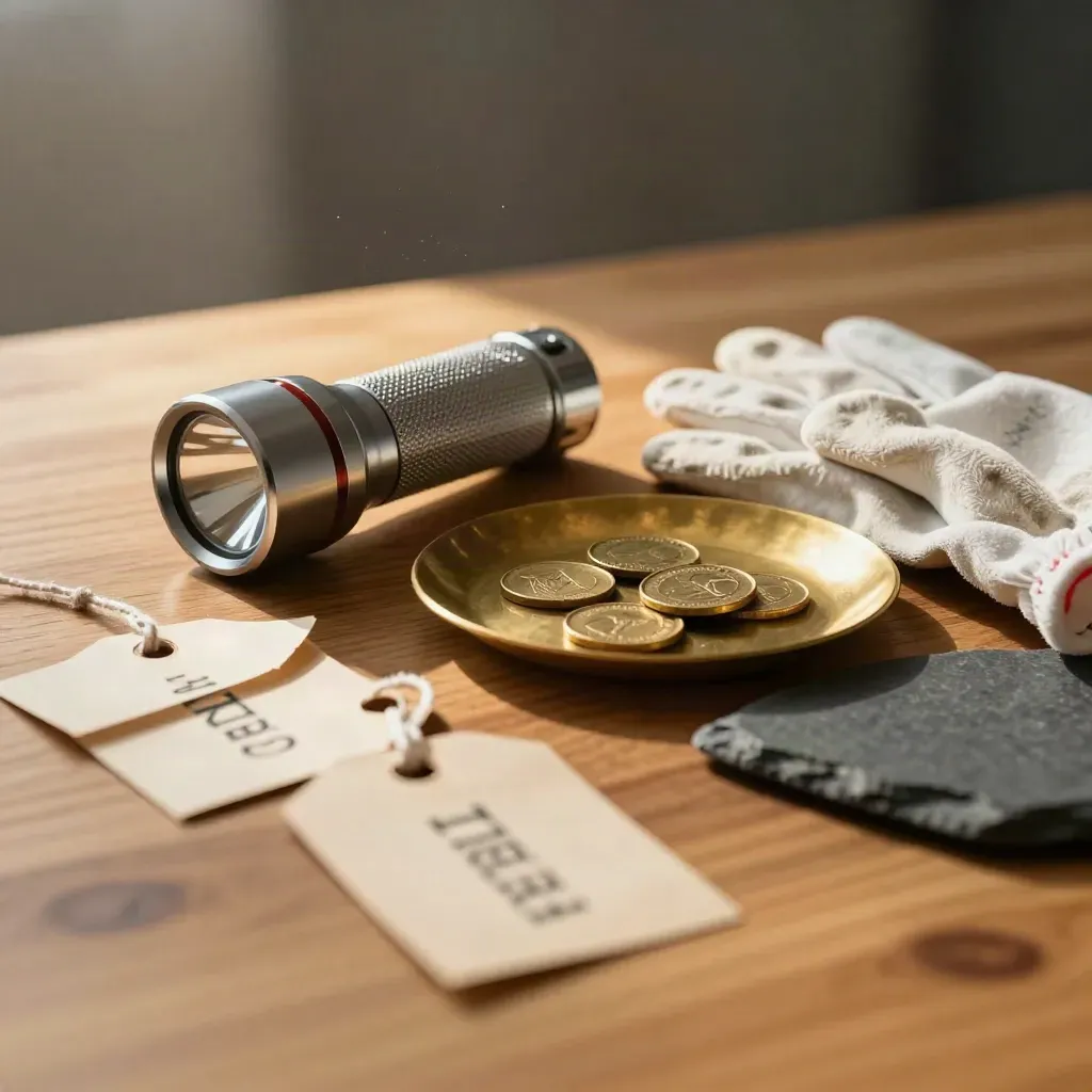 Zaklamp, katoenen handschoenen en brass token tray op een eiken auction tafel