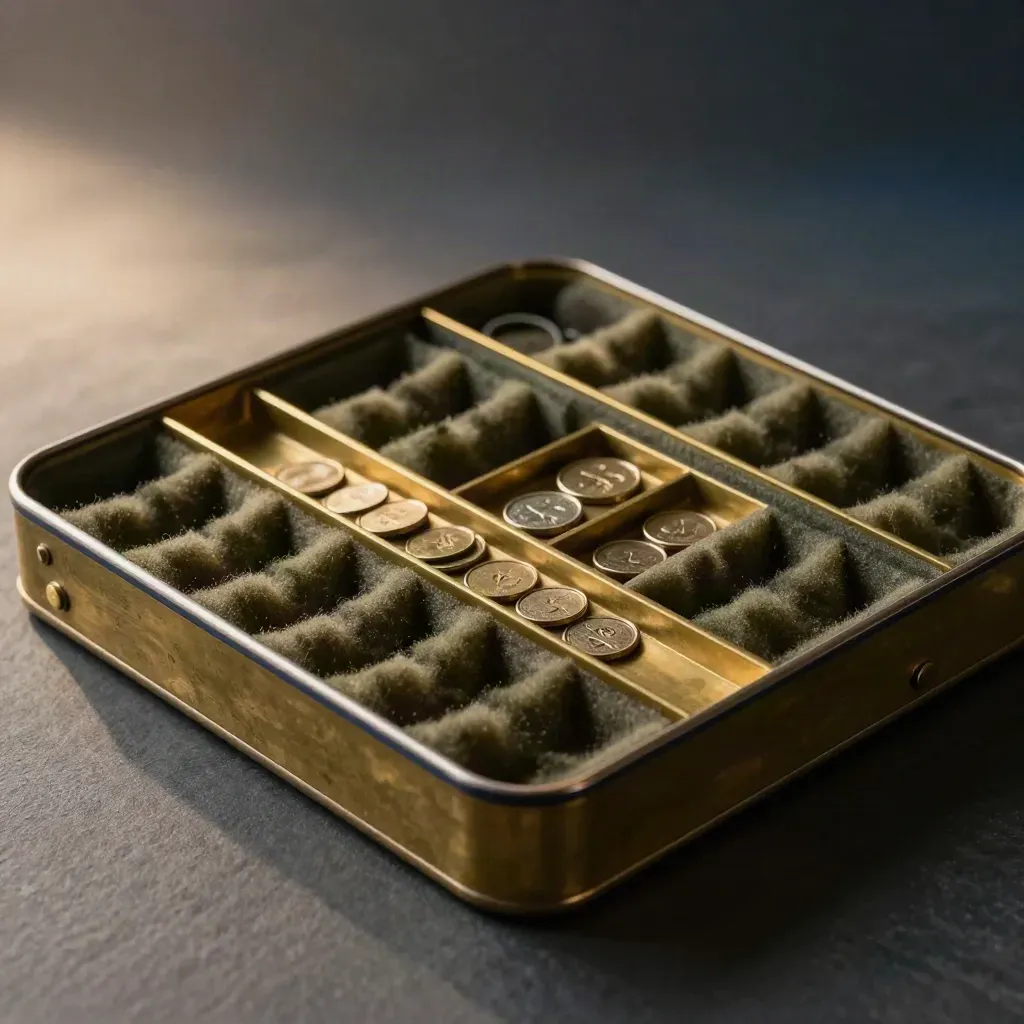 Opbergtrays met foam vakverdelers en een messing muntenbakje in top-down close-up.