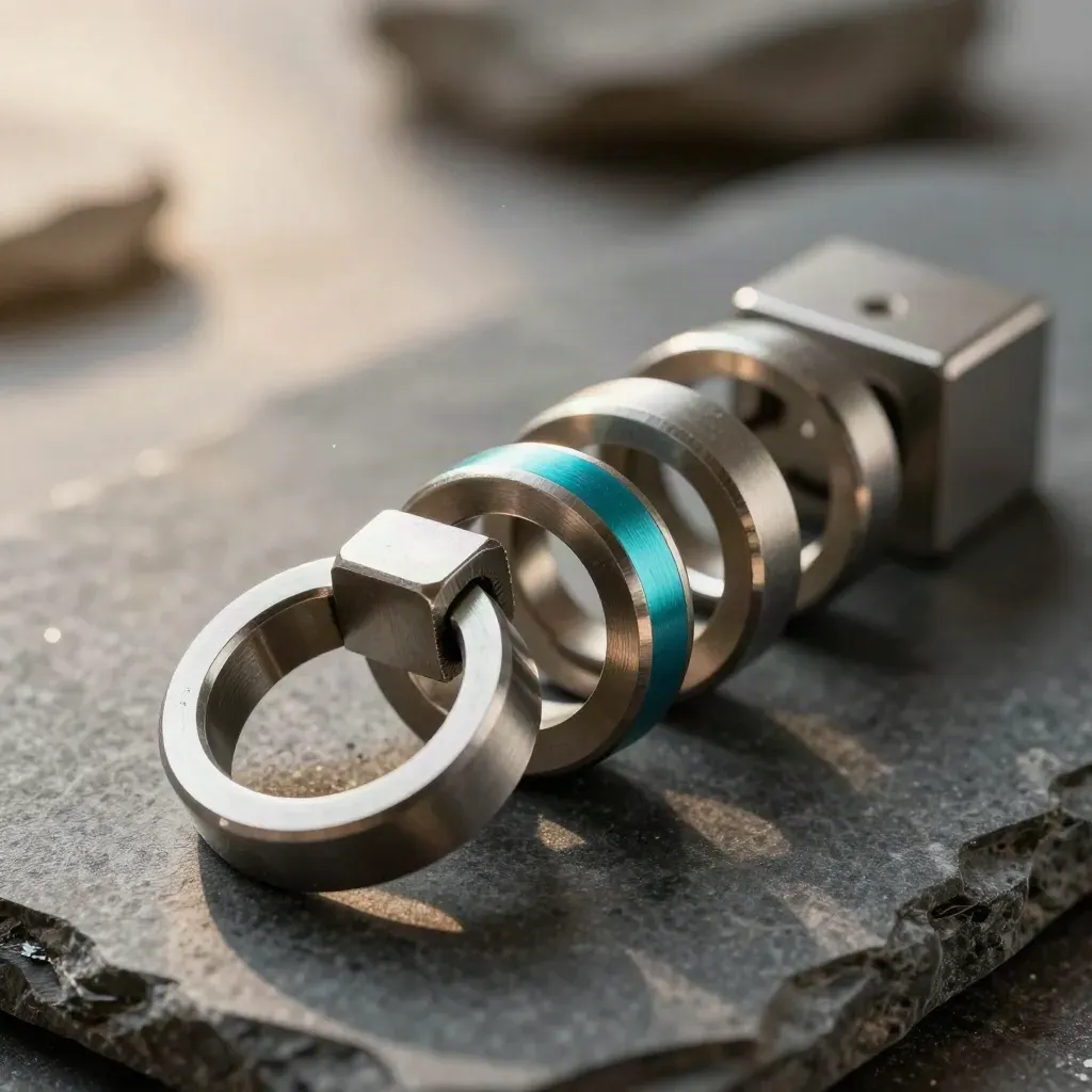 Brushed-stalen ringen en een connectorblok op steen met turquoise accent in zacht licht.