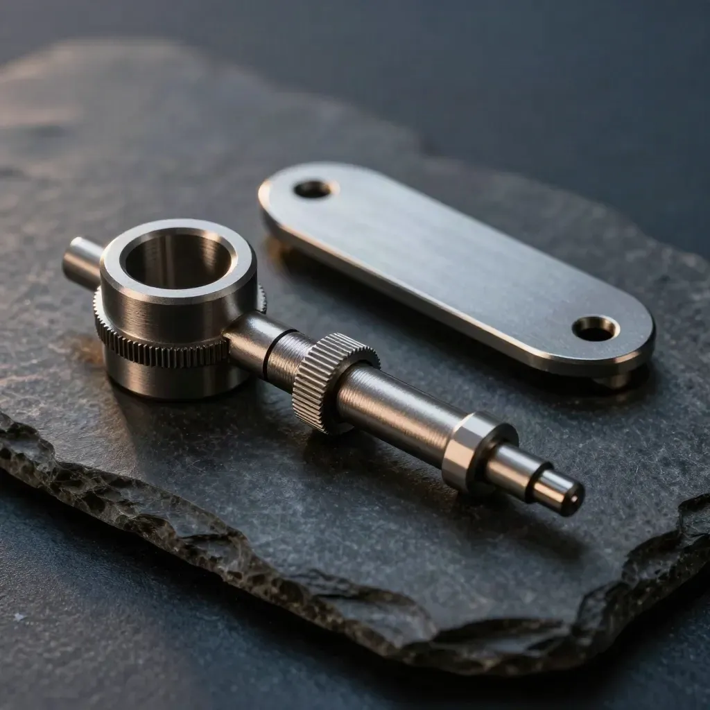 Dramatisch stilleven van metalen connectoren op een donkere kalksteenplaat, met diepe schaduwen