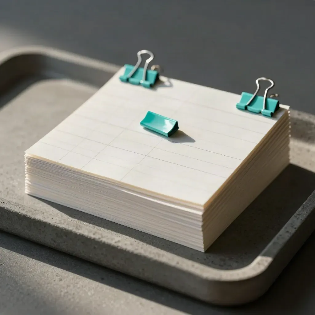 Witte boardtiles, magnetische clips en scheidingsstroken op donker beton.